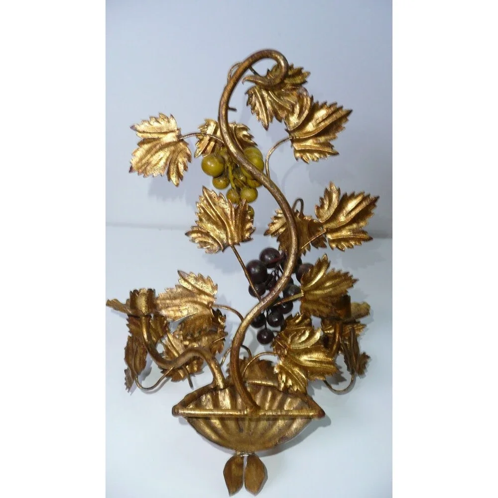 Vtg 2 Candle Sconce Italian Style Gold Grape Vine Gilt Metal Toleware Wall MCM